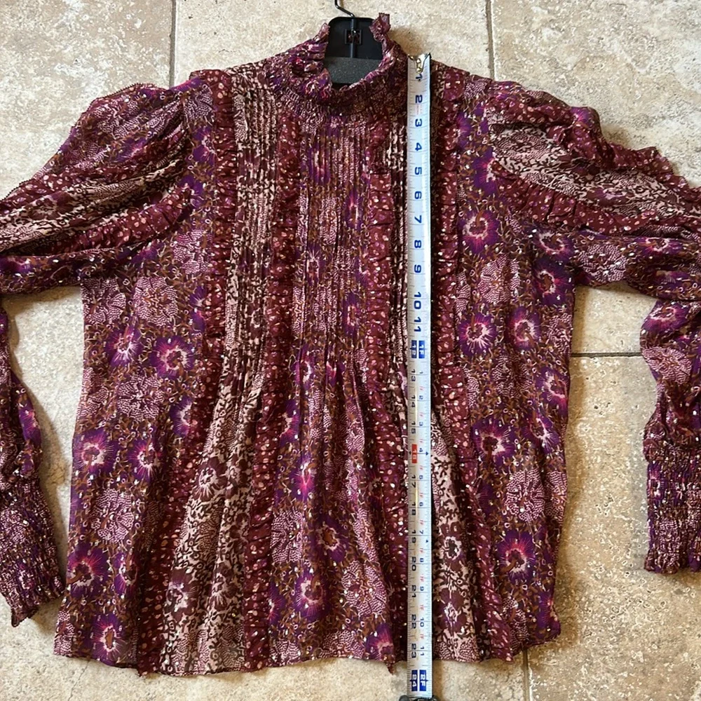 Ulla Johnson Burgundy Floral Ruffled High-Neck Blouse